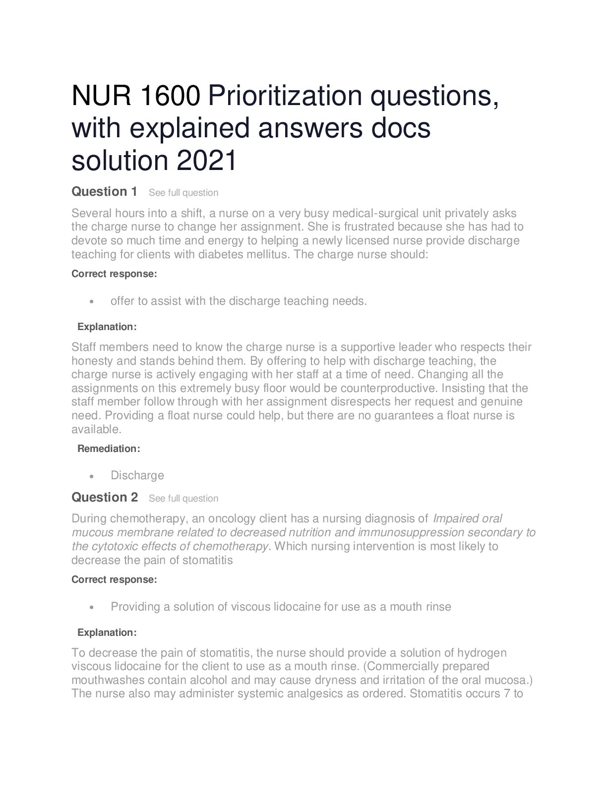 Preview of NUR 1600 Prioritization questions, with explained answers docs solution 2021